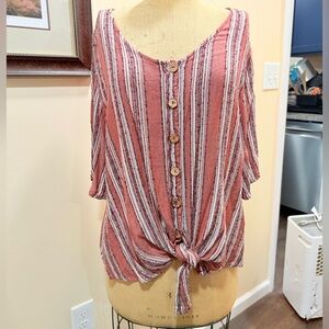 A Beautiful Soul Striped Button-Front Top with Tie Hem